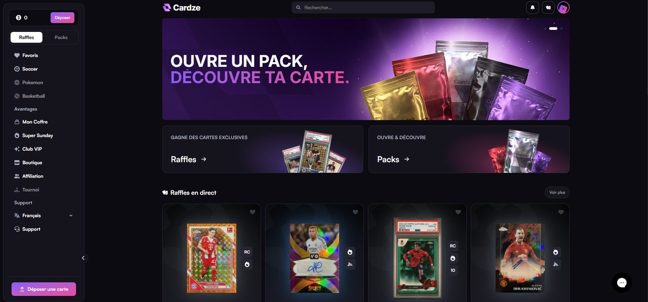 Page d'accueil de Cardze : Ouvre un pack, découvre ta carte