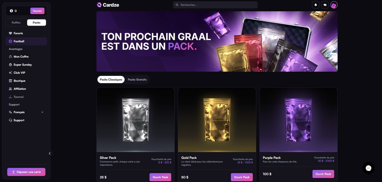 Les différents packs Cardze : Silver, Gold, Purple, Ruby