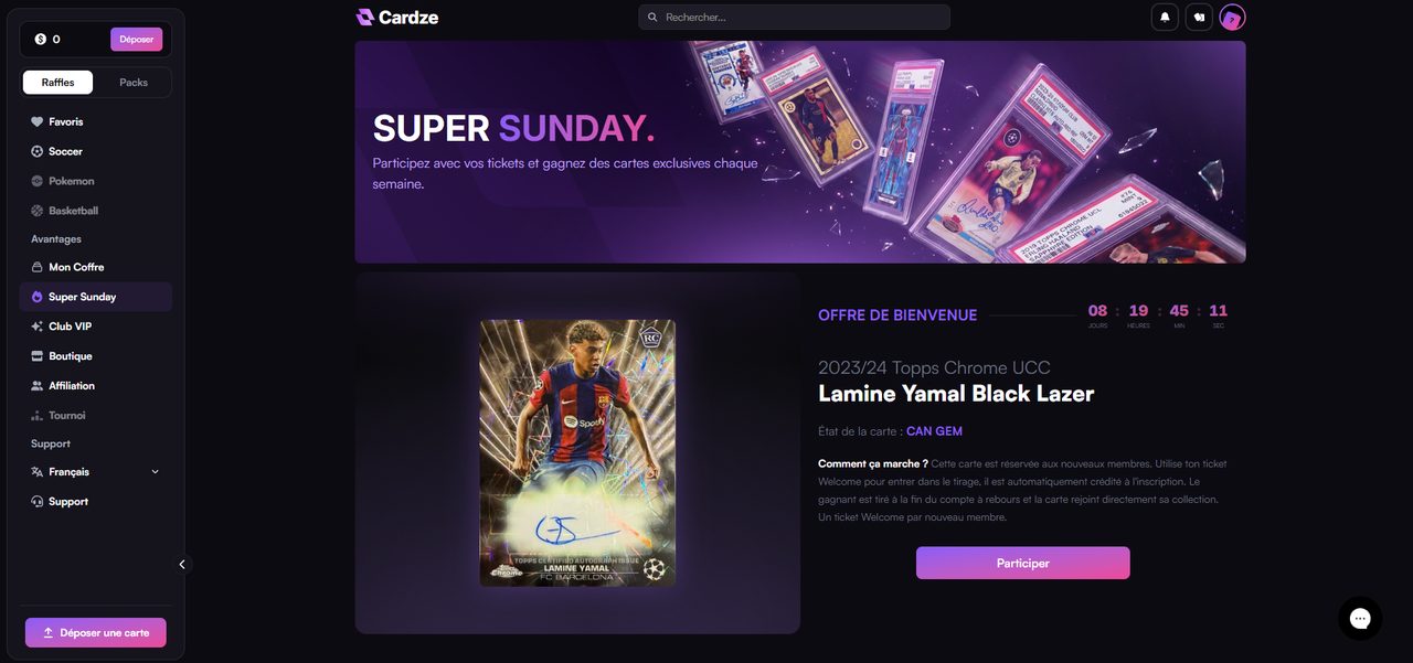 Page Super Sunday de Cardze avec l'offre de bienvenue