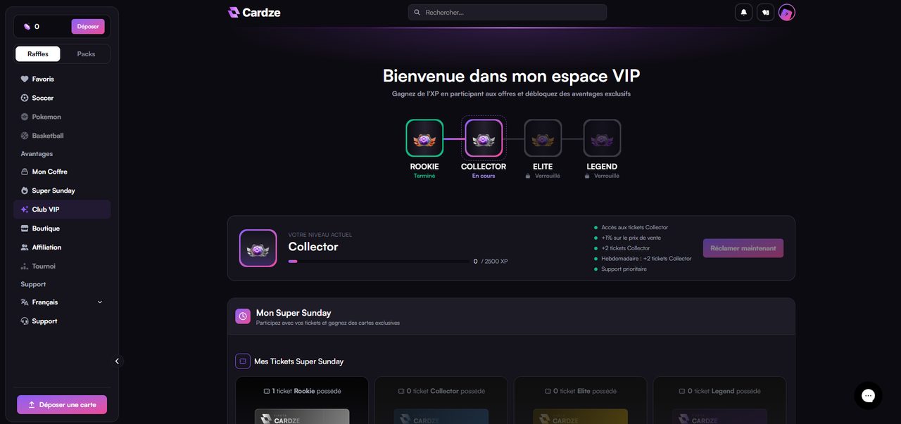 Espace VIP de Cardze : rangs Rookie, Collector, Elite, Legend